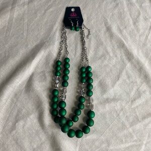 NEW Paparazzi  Necklace & Earrings Vibrant Green Beads Silver Chain Bling ~ 18”